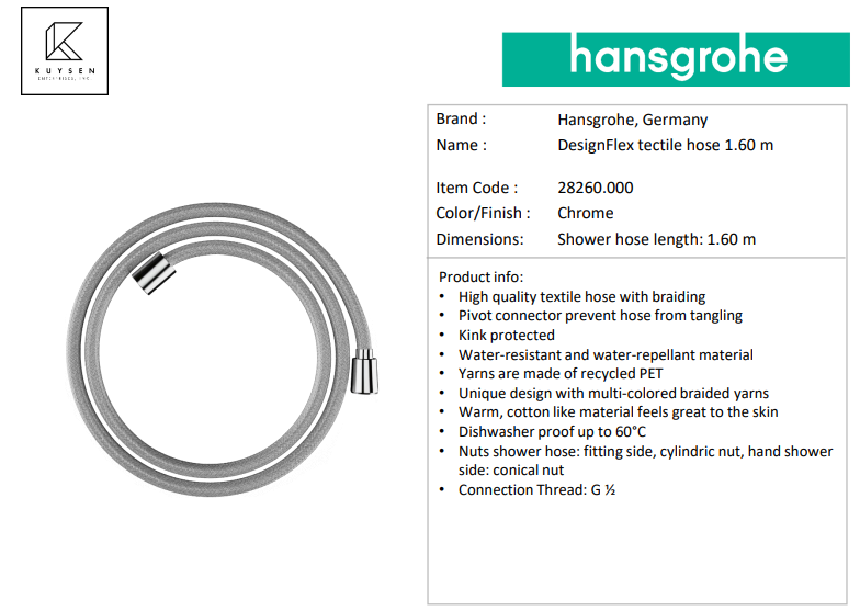 Hansgrohe DesignFlex textile hose 1.60m 28260.000
