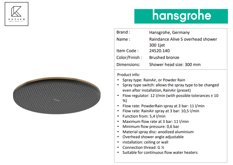 Hansgrohe Raindance AliveS overhead shower 300mm 24520.140 + 24337.140 arm