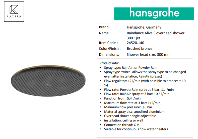 Hansgrohe Raindance AliveS overhead shower 300mm 24520.140 + 24338.140 ceiling connector