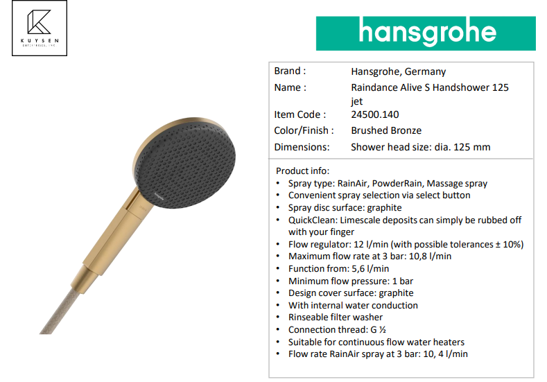 Hansgrohe Raindance Alive SelectS handshower 125mm 1jet 24500.140