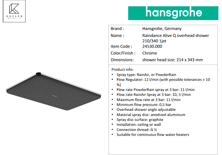 Hansgrohe Raindance Alive Q overhead shower 210mm with arm 24530.000 + 24337.000