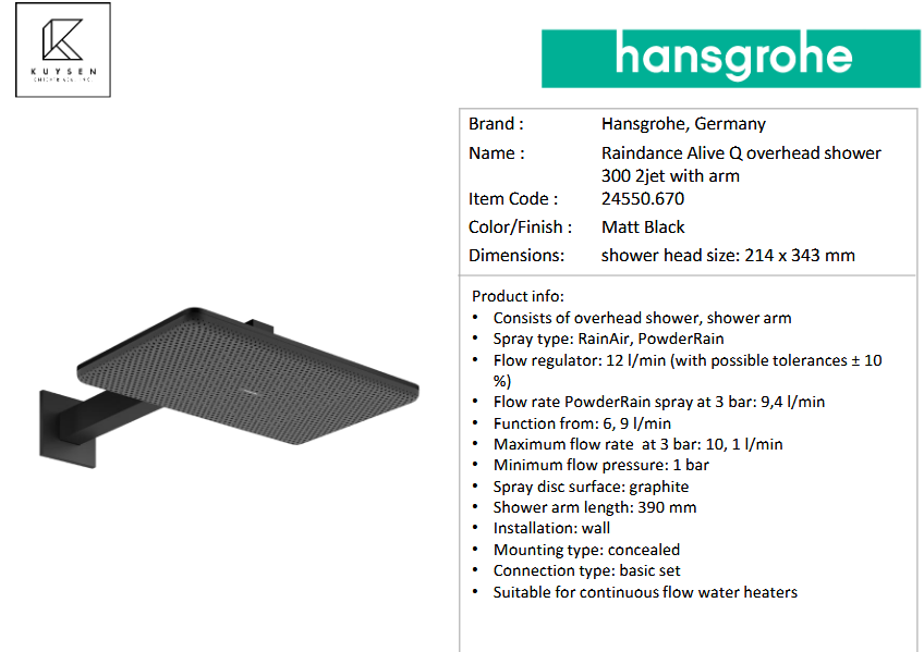 Hansgrohe Raindance Alive Q overhead shower 300mm 2jet with arm 24550.670 + 24573.180