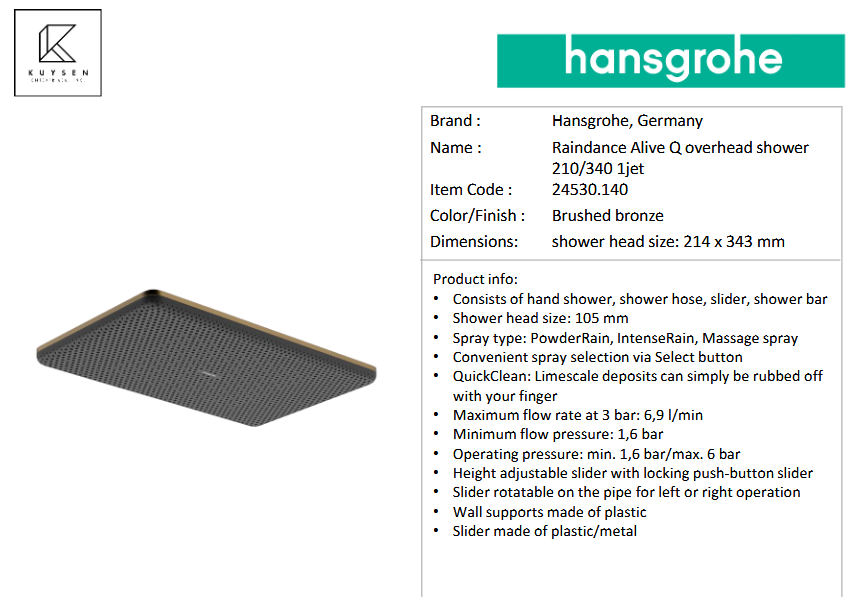 Hansgrohe Raindance Alive Q overhead shower 210/340 1jet with arm 24530.140 + 24337.140
