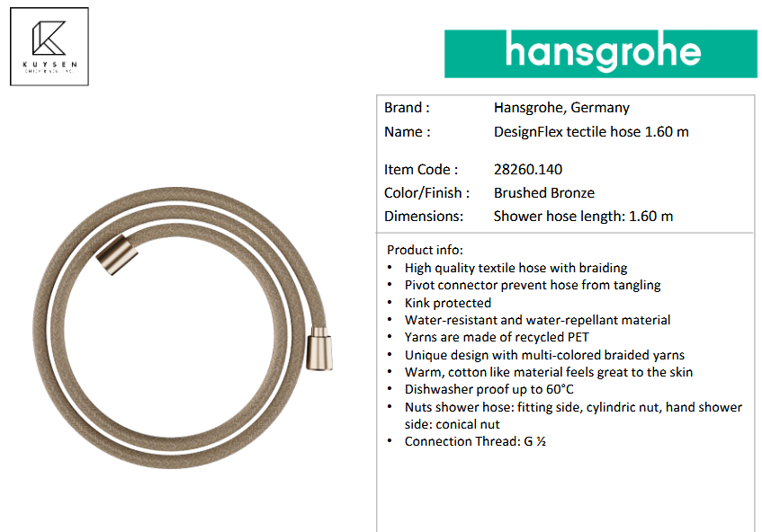Hansgrohe DesignFlex textile hose 1.60m 28260.140