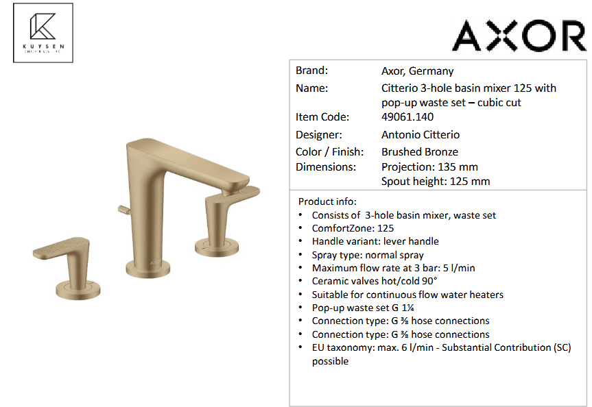 Axor Citterio C basin mixer 125 cubic 3hole 49061.140