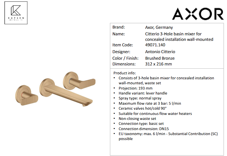 Axor Citterio C basin mixer 195 cubic 3hole 49071.140