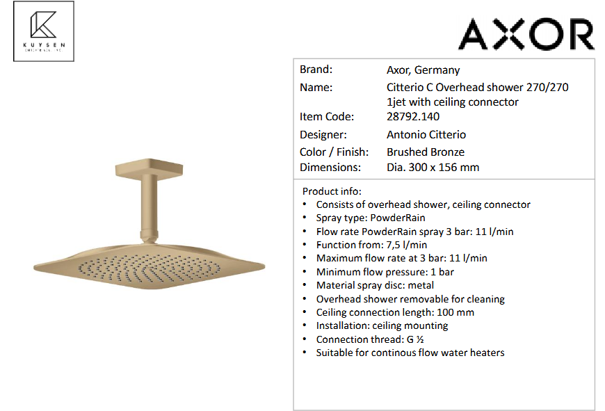Axor Citterio C Overheadshower 270 1jet bronze 28792.140