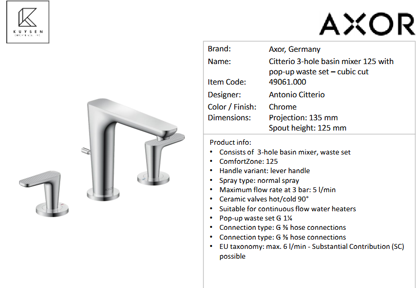 Axor Citterio C basin mixer 125 cubic 3hole Chrome 49061.000