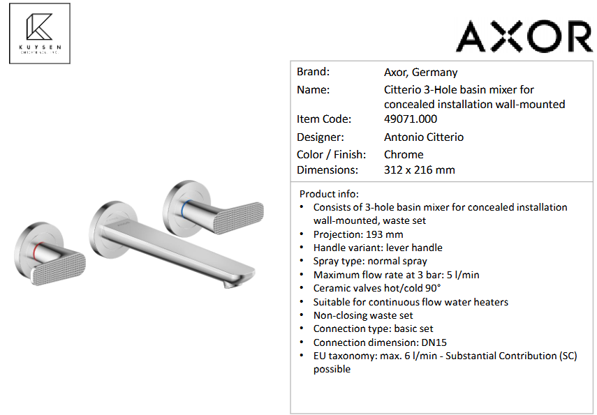 Axor Citterio C basin mixer 195 cubic 3hole Chrome 49071.000