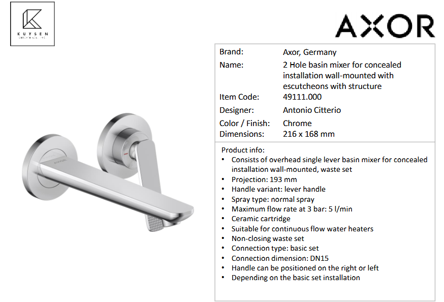 Axor Citterio C basin mixer 195 cubic 2hole Chrome 49111.000