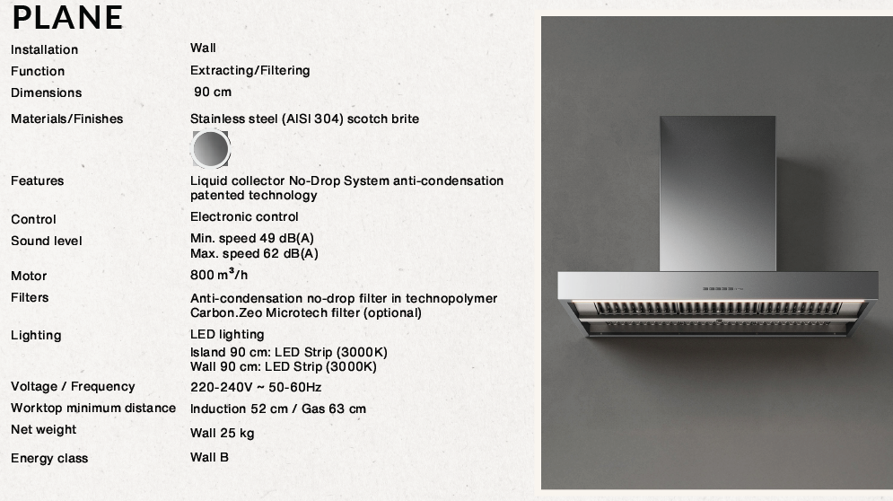 Falmec Plane No-Drop wall hood 90cm black 800 m3/h