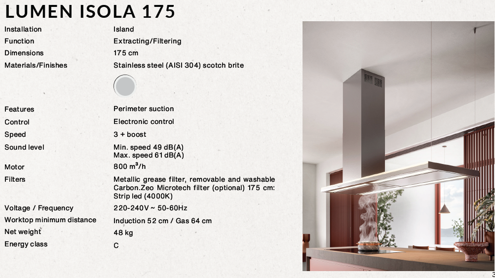 Falmec Lumen Isola island hood (left) 175cm inox 800 m3/h