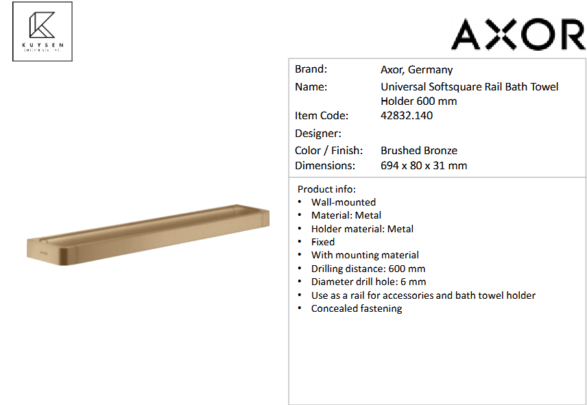 Axor Universal towel bar 600mm br.bronze 42832.140