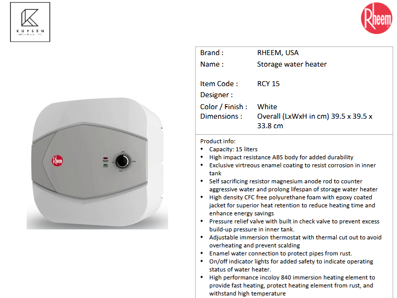 Rheem storage water heater 4 gals RCY15