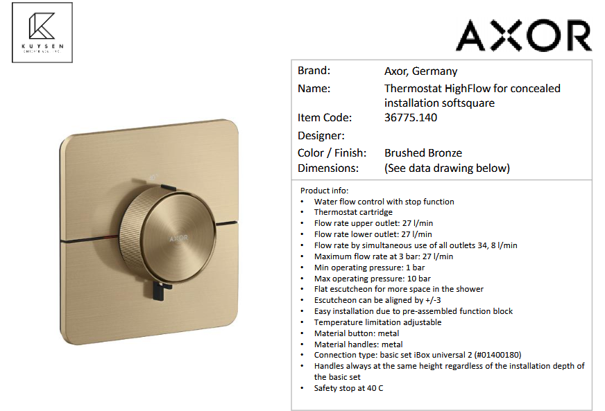 Axor Shower Select thermostat concealed Brushed Bronze 36775.140