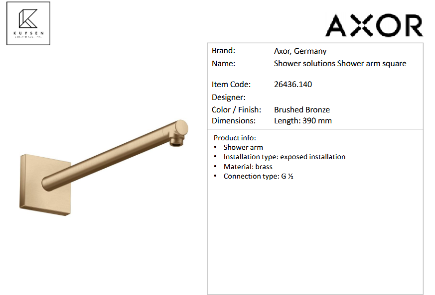 AXOR shower arm DN15 390mm square 26436.140