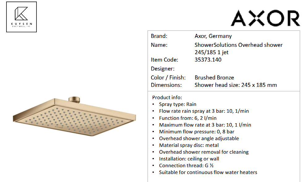 Axor overhead shower 245/185 1jet Brushed Bronze 35373.140