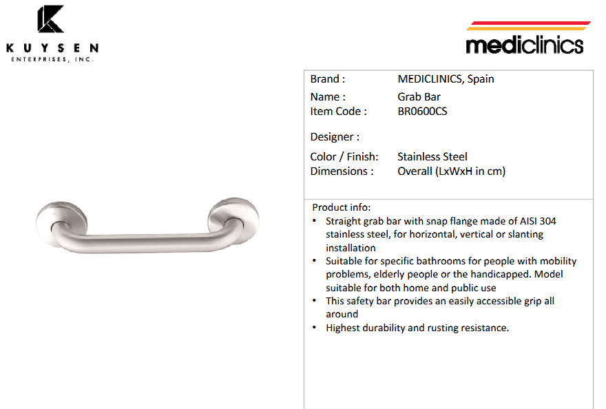 Mediclinics grab bar D32 x 610mm satin BR0600CS