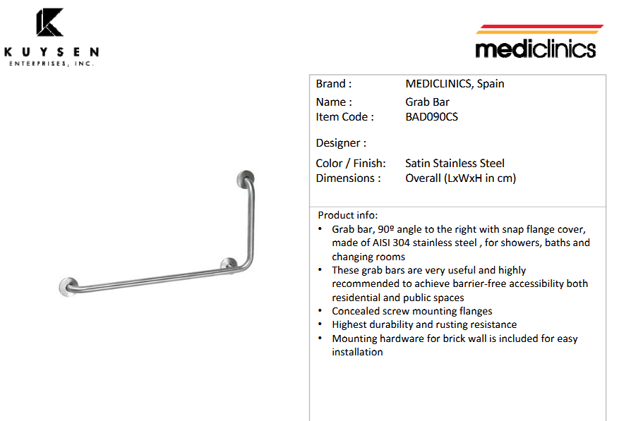 Mediclinics angled bar LH 866x457mm satin BAD090CS