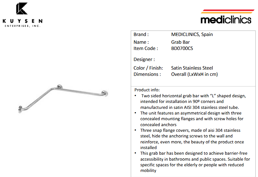 Mediclinics L-shaped bar 801x796mm satin BD0700CS
