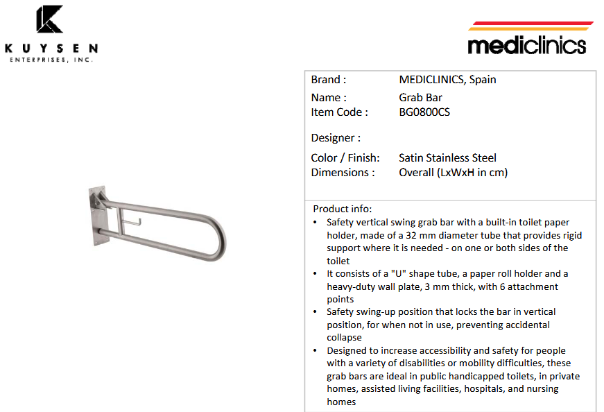 Mediclinics swing up bar 738mm satin BG0800CS