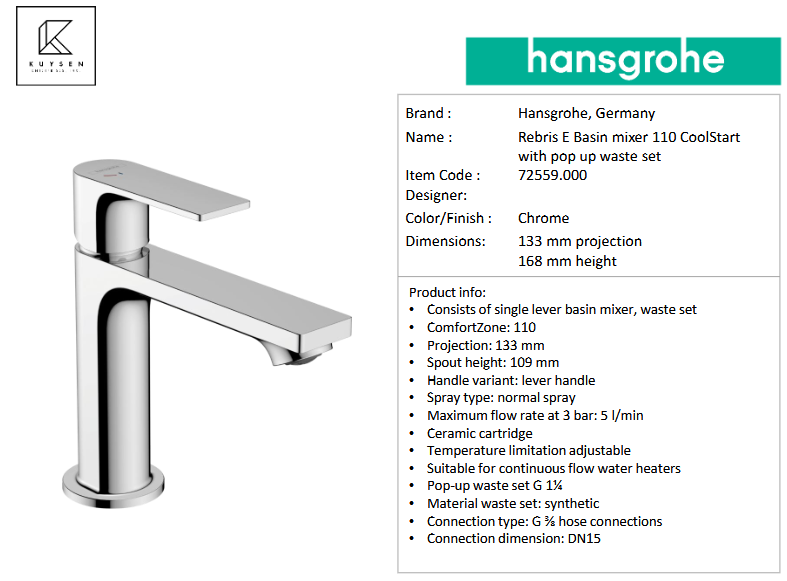 Hansgrohe Rebris E Basin mixer 110 CoolStart with pop up waste set Chrome 72559.007