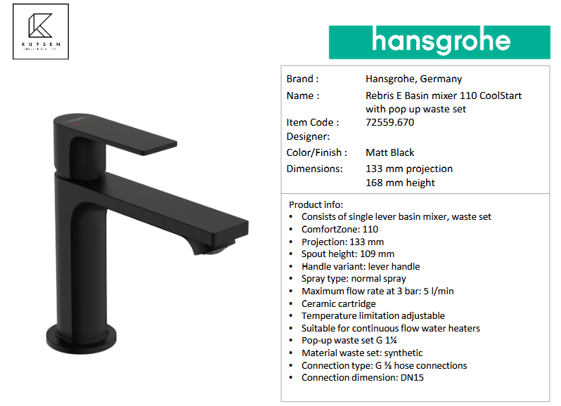 Hansgrohe Rebris E Basin mixer 110 CoolStart with pop up waste set Matt Black 72559.670