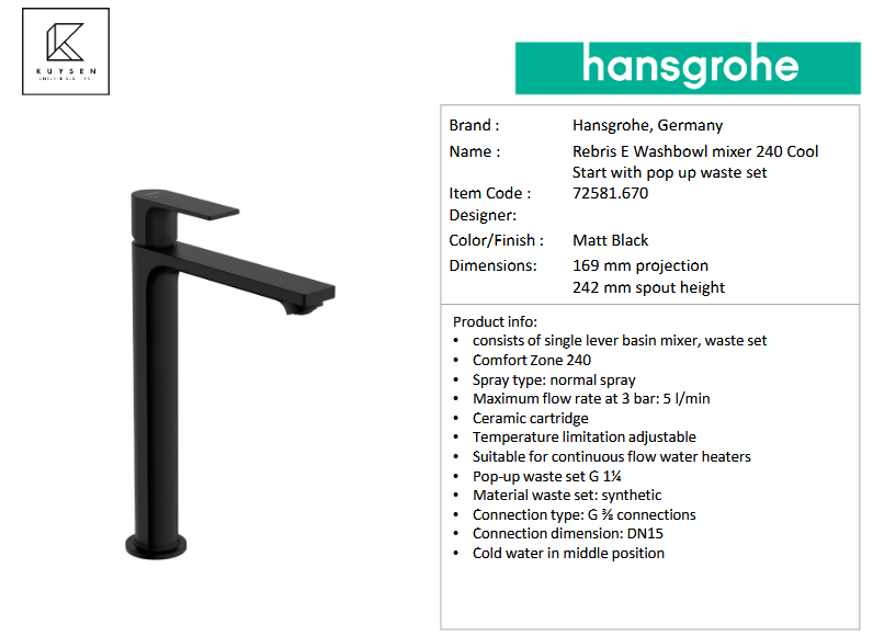 Hansgrohe Rebris E washbowl mixer 240 CoolStart with pop up waste set Matt Black 72581.670