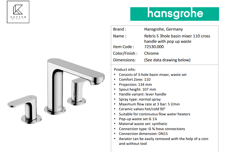 Hansgrohe Rebris S 3hole basin mixer 110 cross handle with pop up waste Chrome 72530.000