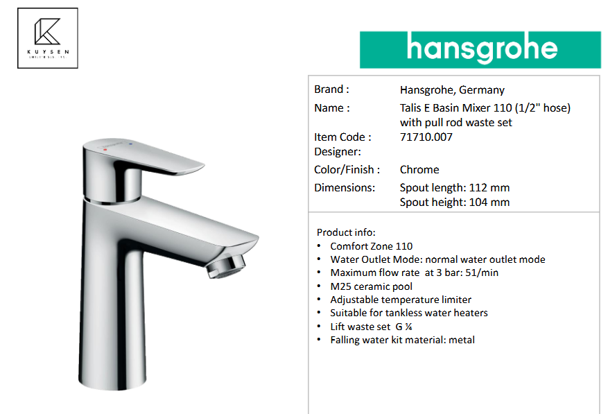 Hansgrohe Talis E Basin mixer 110 with pull rod waste set 71710.007