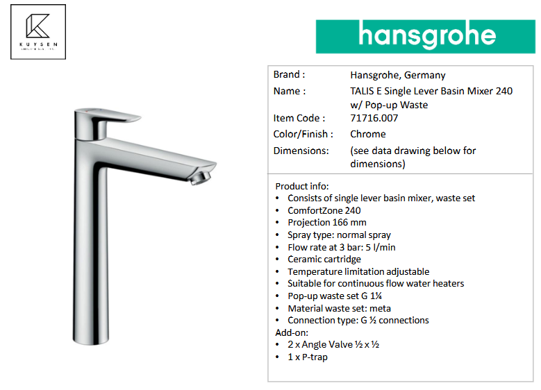 Hansgrohe Talis E Basin mixer 240 with pull rod waste set  (1/2" hose) 71716.007
