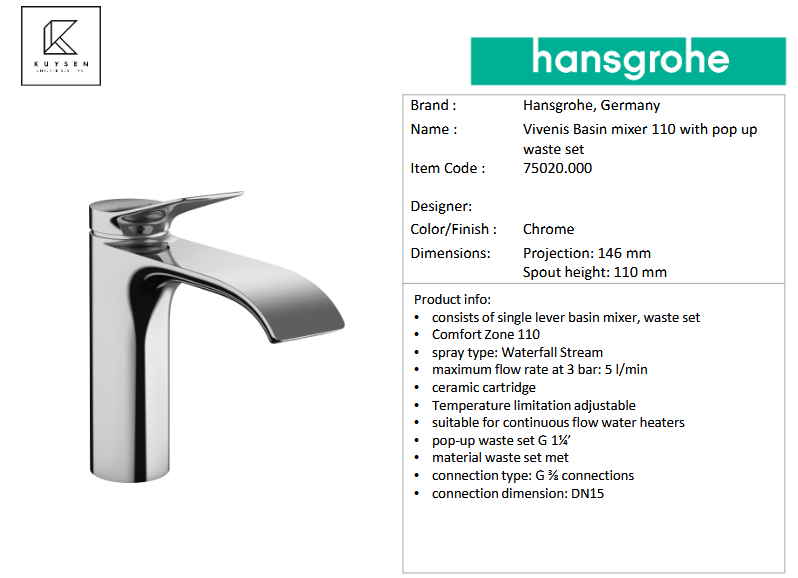 Hansgrohe Vivenis  basin mixer110 pop up waste set 75020.000
