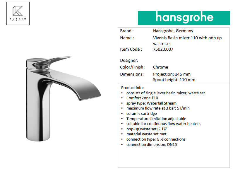 Hansgrohe Vivenis  basin mixer110 pop up waste set 75020.007