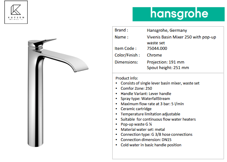 Hansgrohe Vivenis basin mixr250 Cool Start 75044.000