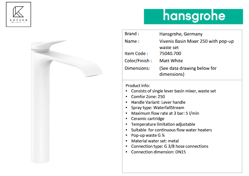 Hansgrohe Vivenis basin mixr250 p.u highriser 75040.700