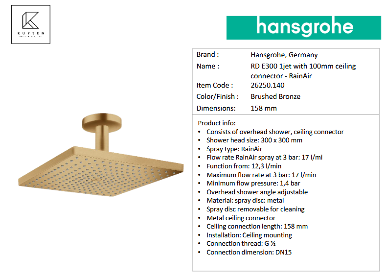 Hansgrohe RD E300 1jet with 100mm ceiling connector - RainAir 26250.140