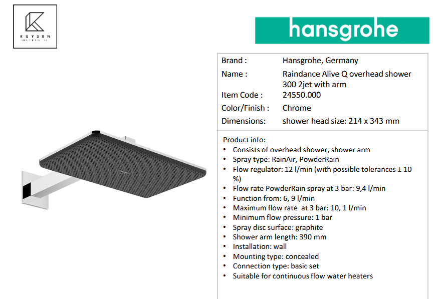 Hansgrohe Raindance Alive Q overhead shower 300mm 2jet with arm 24550.000 + 24573.180