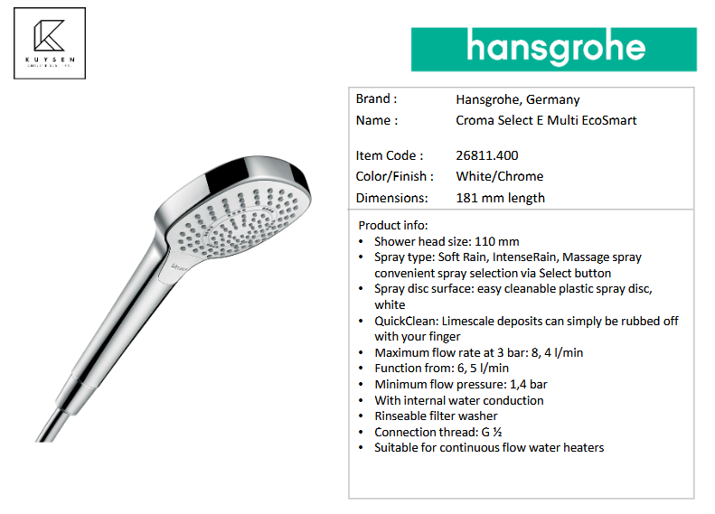 Hansgrohe Croma Select E Multi EcoSmart handshower 26811.400