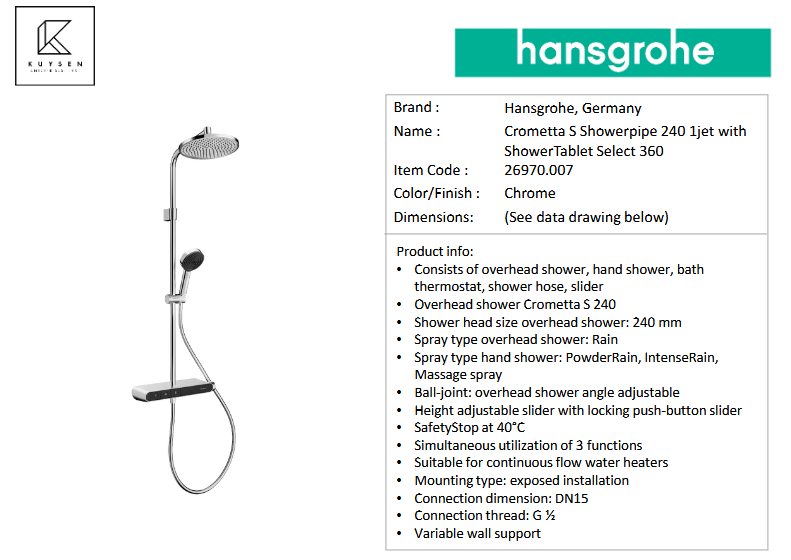 Hansgrohe Crometta Shower Pipe 240 1jet 26970.007