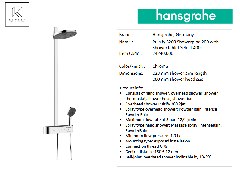 Hansgrohe Pulsify S260 Showerpipe 260 with ShowerTablet Select 400 24241.007