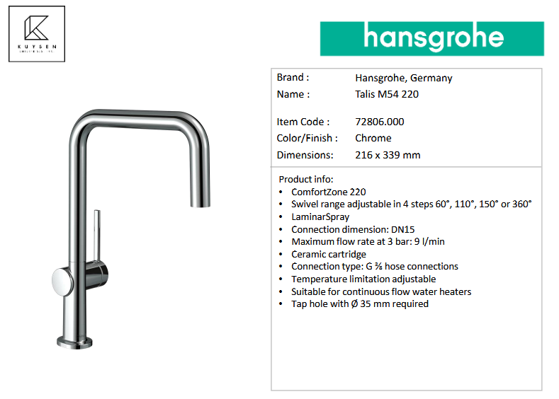 Hansgrohe Talis M54 sink mixer U 220 1jet 72806.000