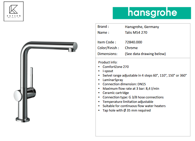 Hansgrohe Talis kitchen mixer 270 M54 1jet 72840.000