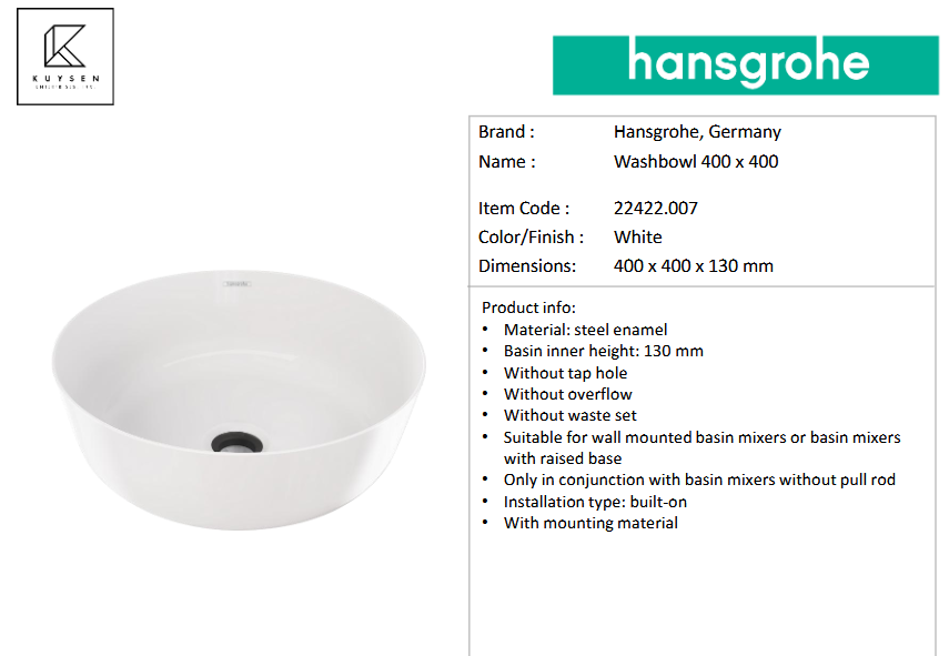 Hansgrohe Moonwake steel basin 52x52x20cm 22422.007