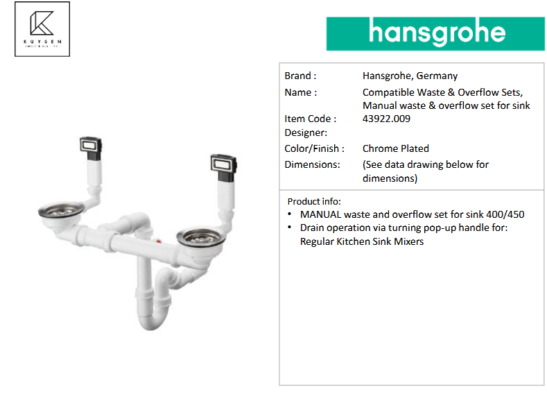 Hansgrohe manual drain kit for sink 370/370 43922.007