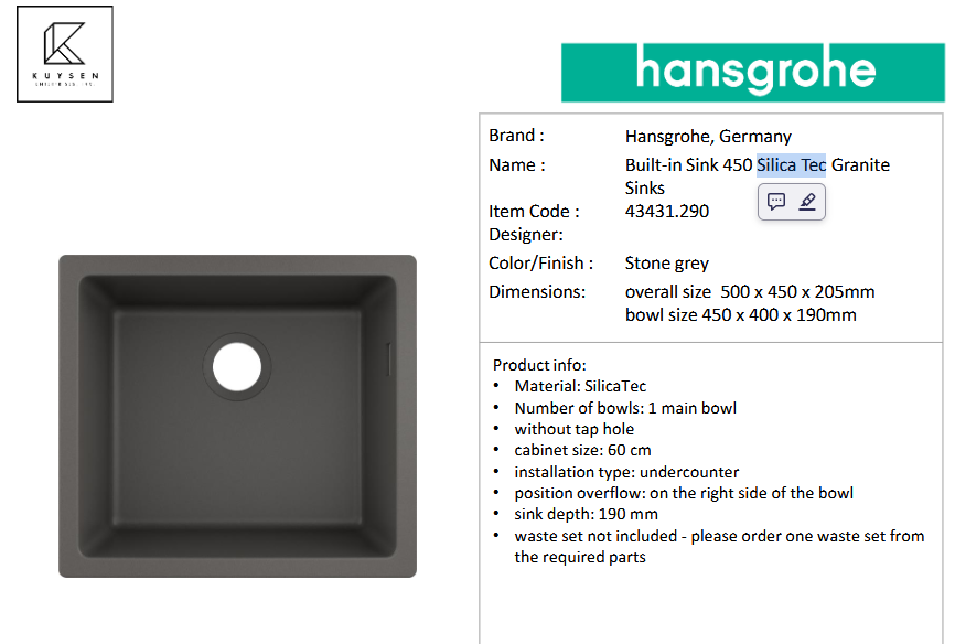 Hansgrohe Silica Tec undermount 1B 450x400 stone grey 43431.290