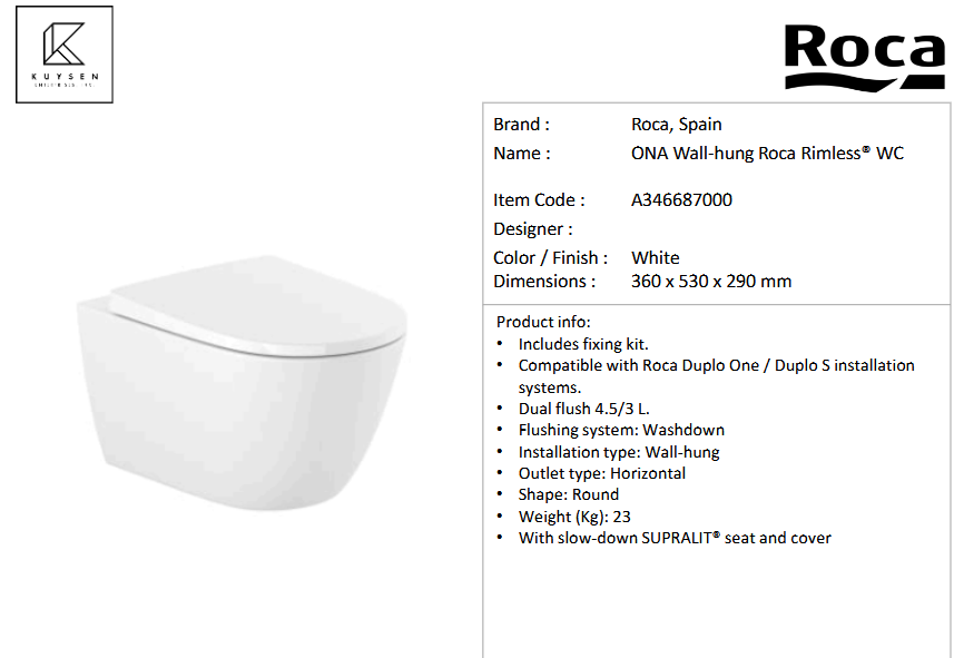 Roca Ona wallhung WC rimless 360x530x290 A346687000