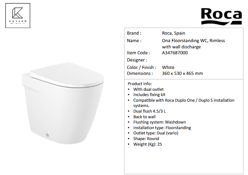 Roca Ona flrstand WC rimless 360x530x465 A347687000