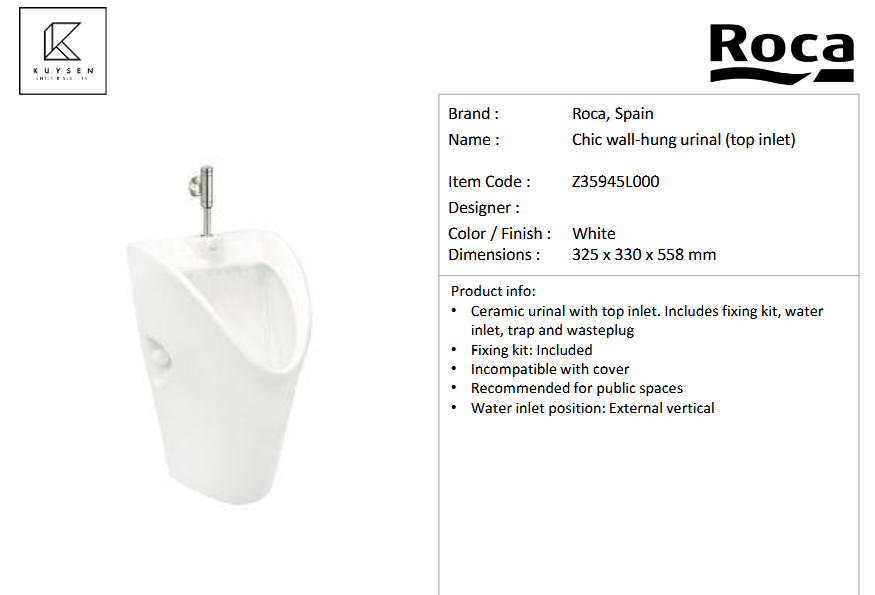 Roca Chic wall hang urinal top inlet Z35945L000
