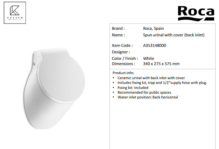 Roca Spun urinal with cover back inlet  A353148000