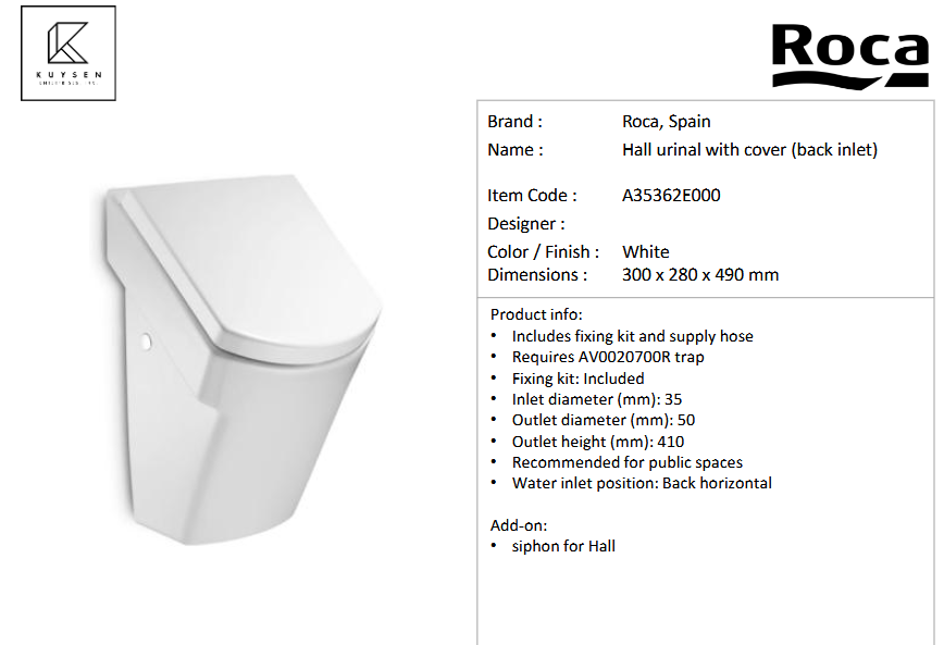 Roca Hall wall hung urinal 300x280x490mm A35362E000